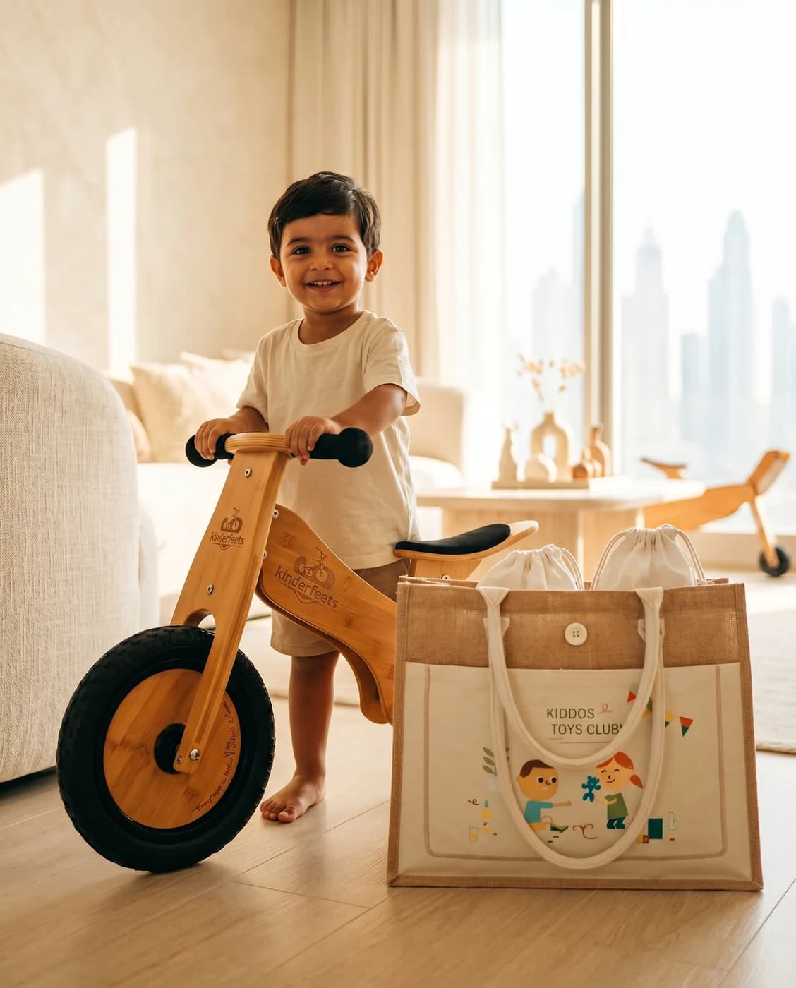A child playing with premium wooden toys delivered in the KIDDOS jute tote bag