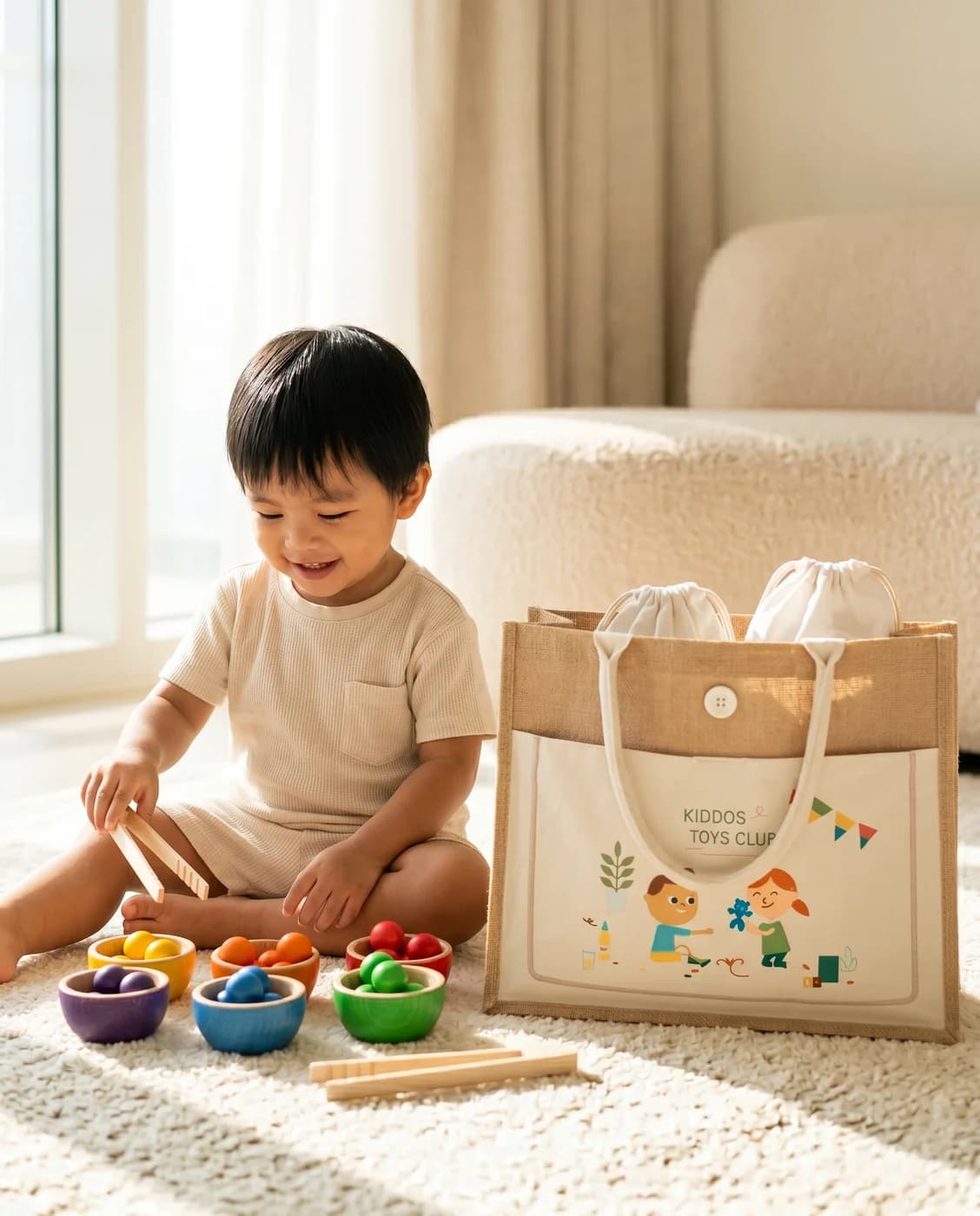 A child playing with premium wooden toys delivered in the KIDDOS jute tote bag
