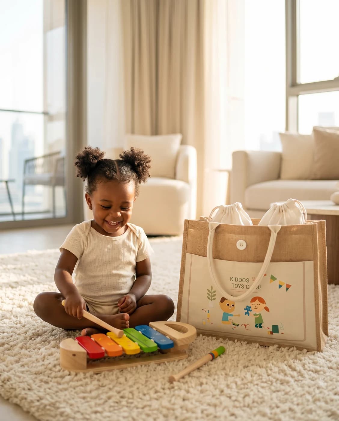 A child playing with premium wooden toys delivered in the KIDDOS jute tote bag