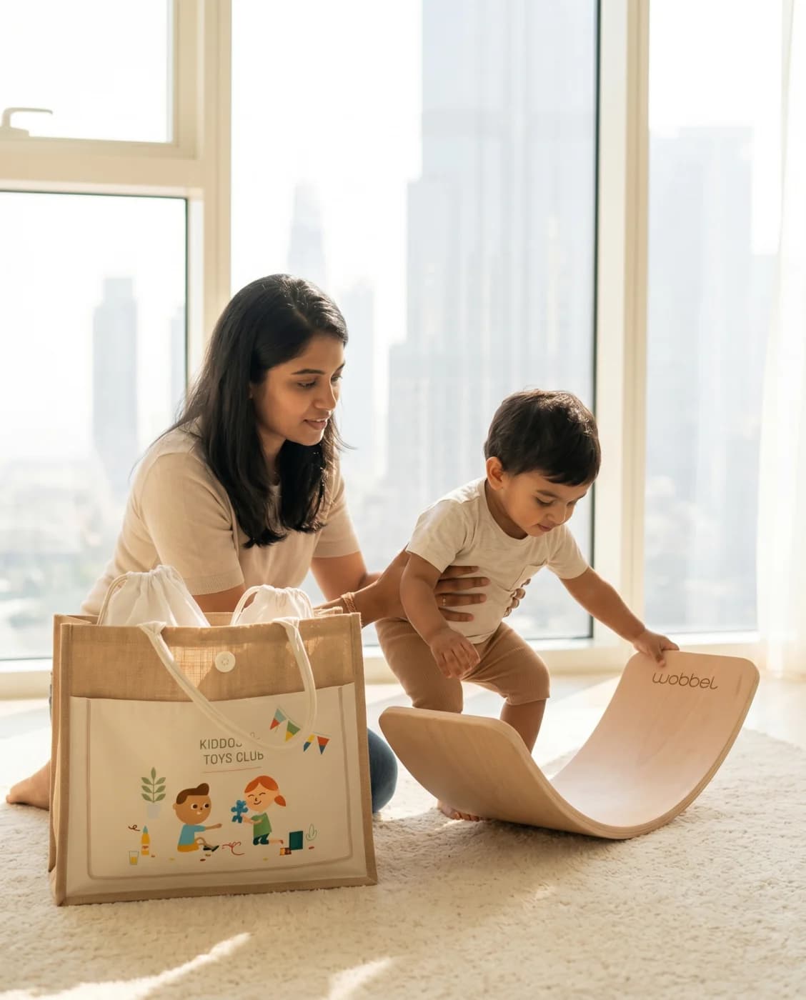 A child playing with premium wooden toys delivered in the KIDDOS jute tote bag