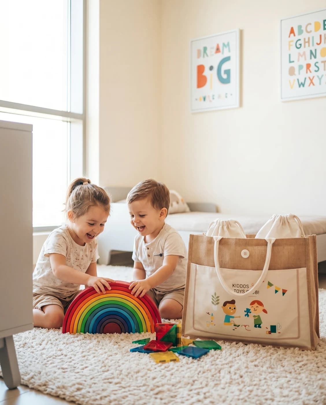 A child playing with premium wooden toys delivered in the KIDDOS jute tote bag