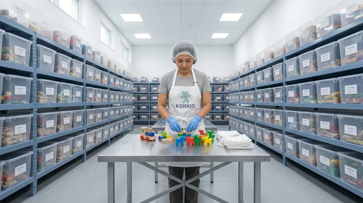 KIDDOS staff carefully inspecting and cleaning premium wooden toys