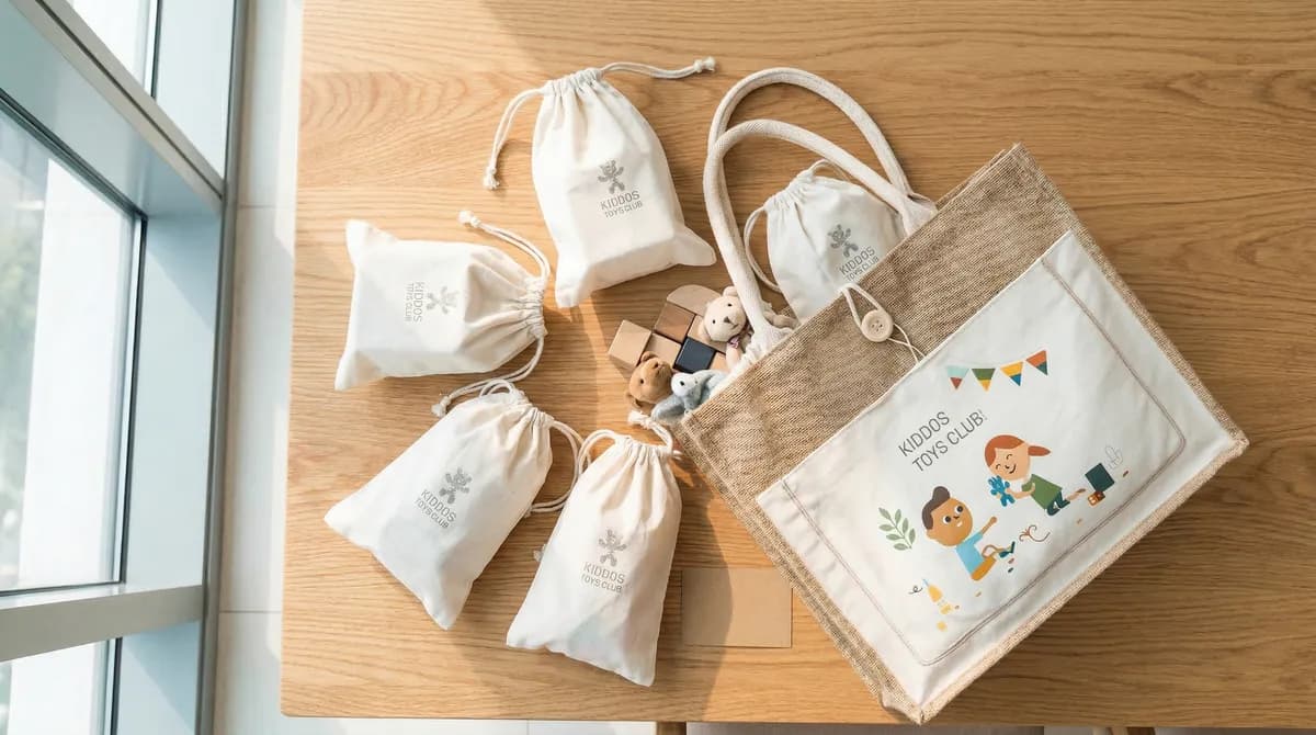 A toy sealed in its own cotton bag, ready to deliver