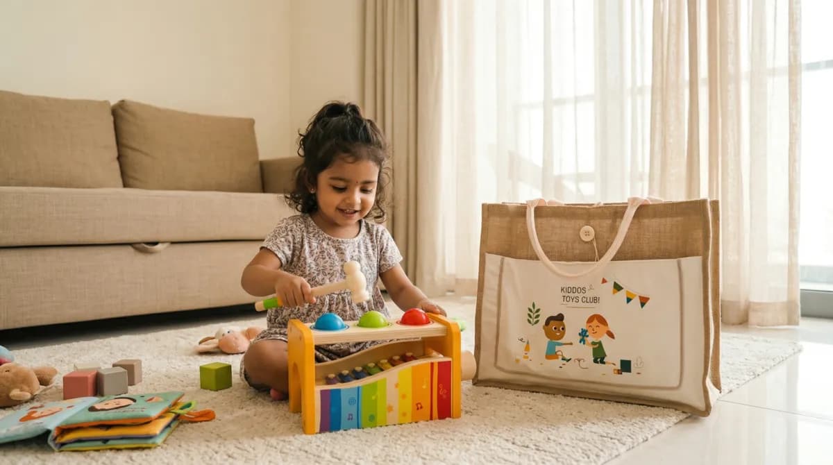 Happy toddler playing with KIDDOS stacking toys in Dubai apartment