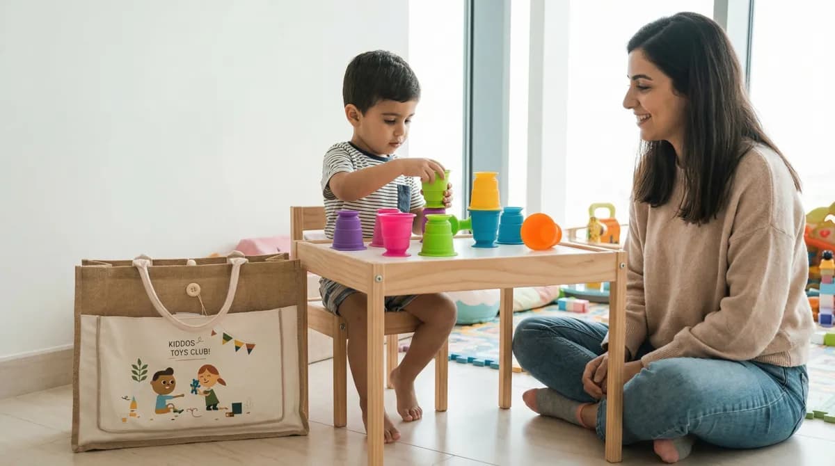 Mother and son building with premium wooden blocks