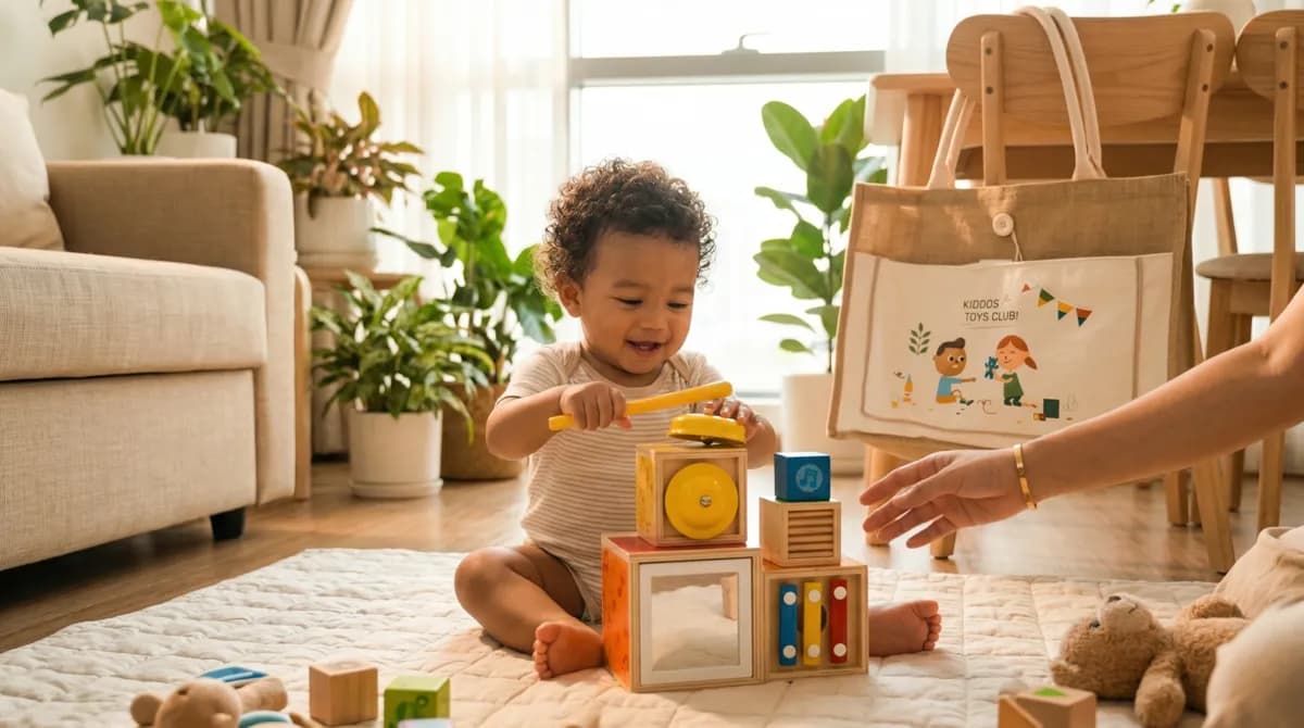 Baby enjoying KIDDOS toy drum on Dubai balcony